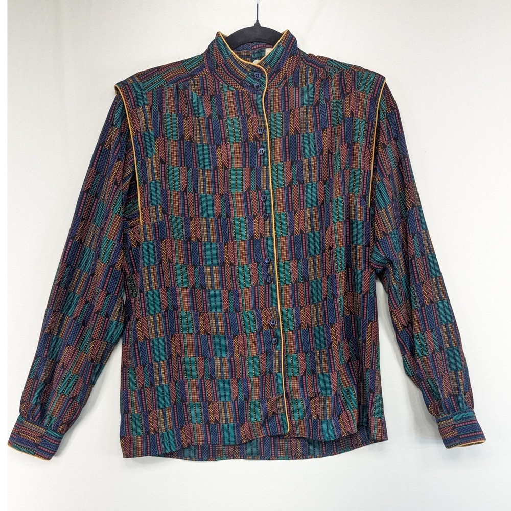 Vintage Jaymee Papell Geometric Print Blouse Mandarin‎ Collar Button Up Size 6